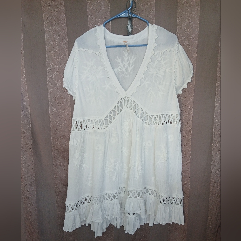 💎 Free People Women's Dress MARISSA Mini White Lace Boho Dress #0315